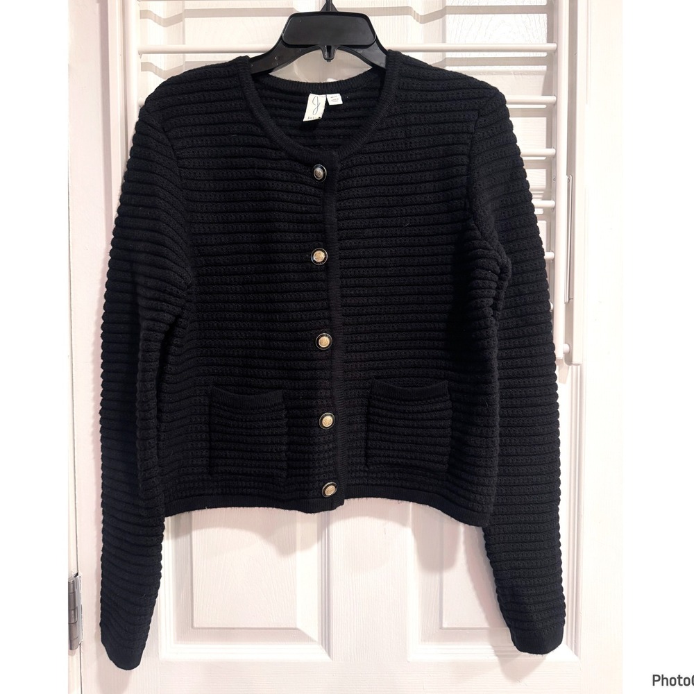 Joie Black Ribbed Gold Button Cardigan Sweater Preppy Knit Academia Medium